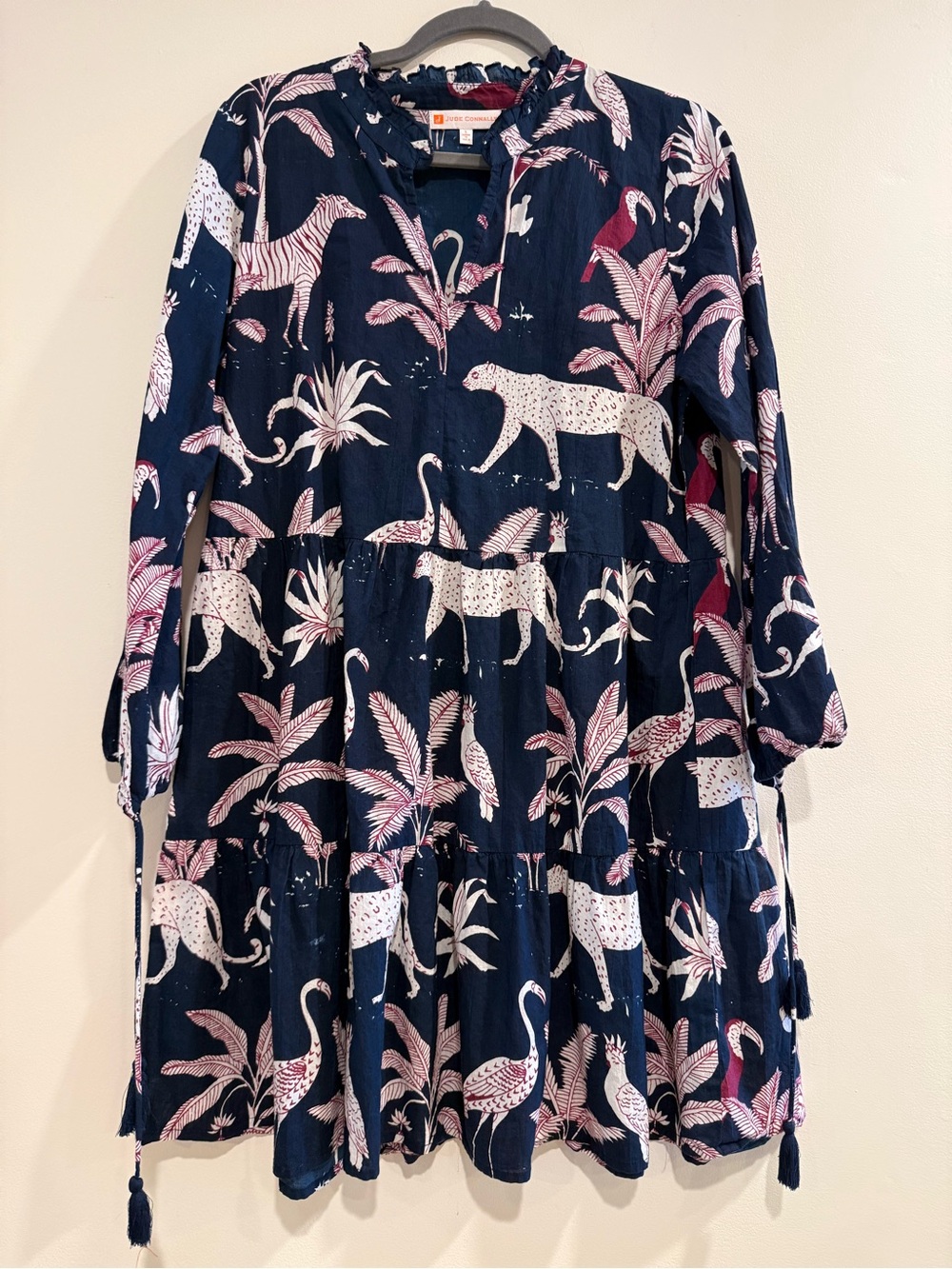Jude Connally Monaco Dress Safari Navy Cotton Voile Tiered Size L EUC